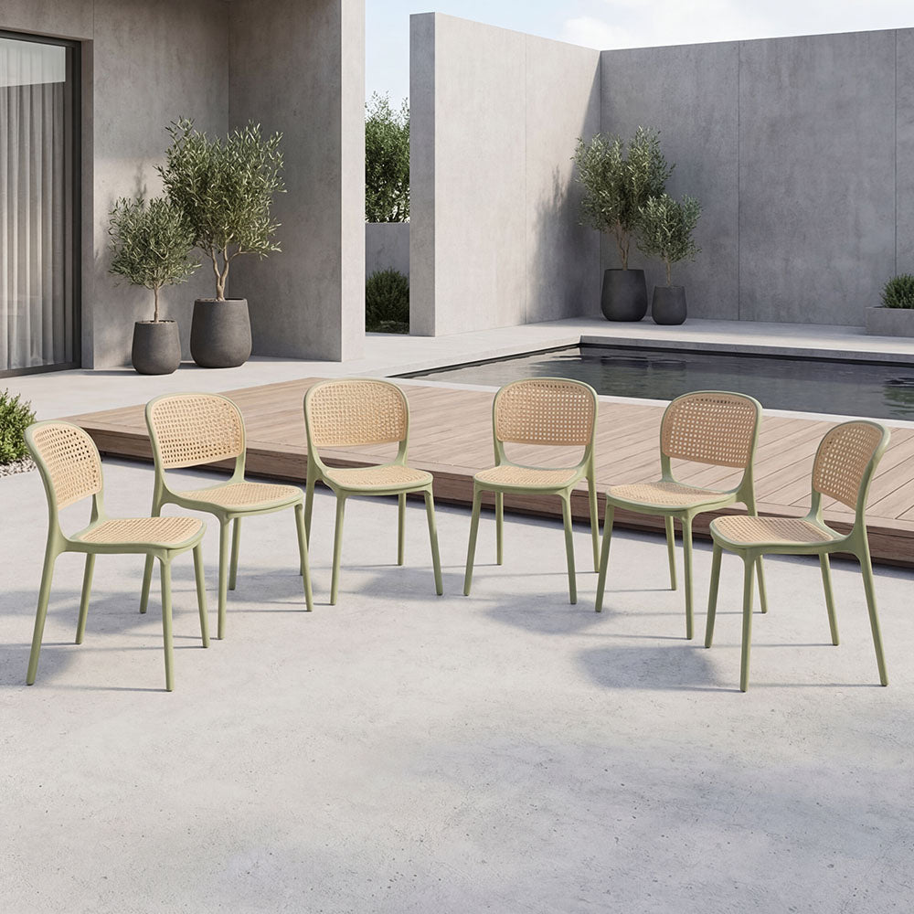 Set de 6 Sillas Nest, Color Verde Olivo y Beige, con Espaldar y Asiento en Rejilla