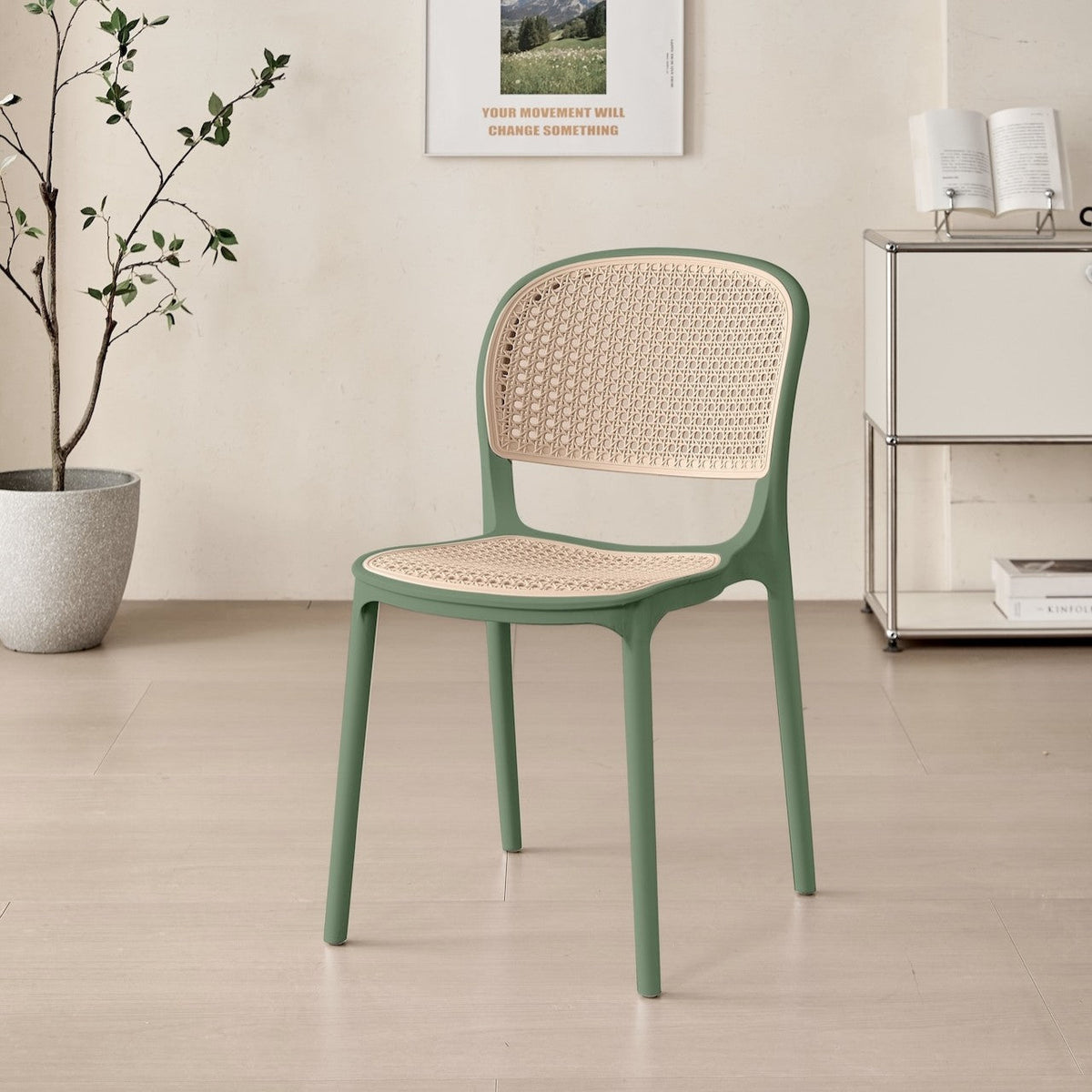 Set de 2 Sillas Nest, Verde Olivo y Beige, con Espaldar y Asiento en Rejilla