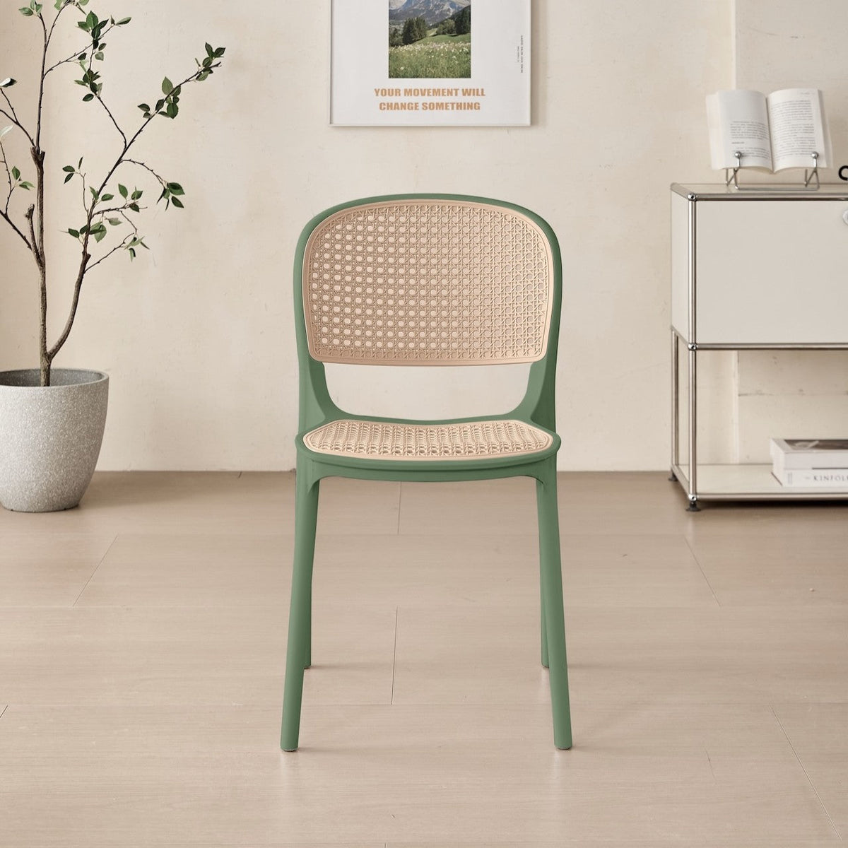Set de 2 Sillas Nest, Verde Olivo y Beige, con Espaldar y Asiento en Rejilla