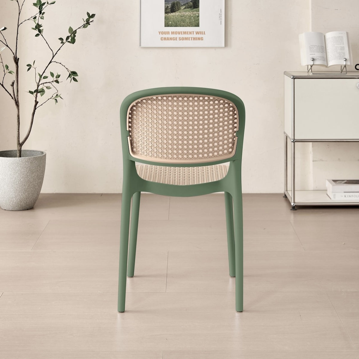 Silla Nest, Verde Olivo y Beige, con Espaldar y Asiento en Rejilla