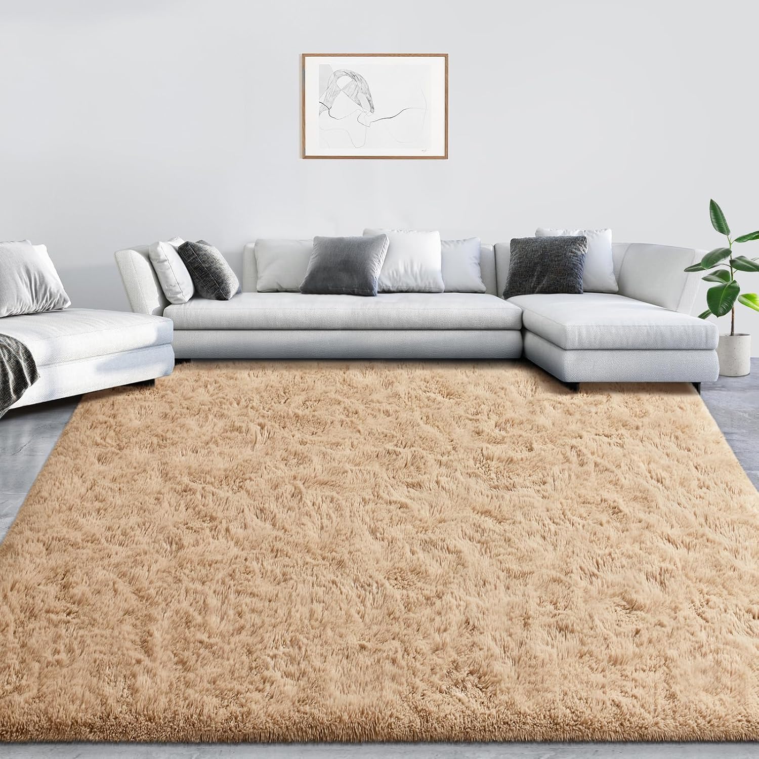 Lascpt Alfombra de pelo largo súper suave para sala de estar, alfombra beige de...