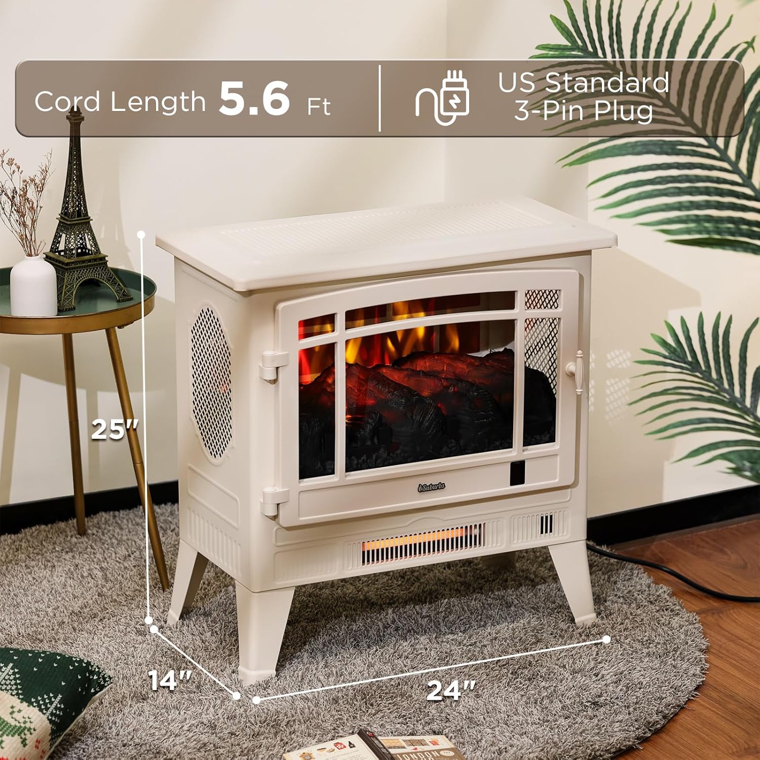 TURBRO Suburbs - Chimenea eléctrica Wi-Fi de 25 pulgadas con sonido crepitante,...