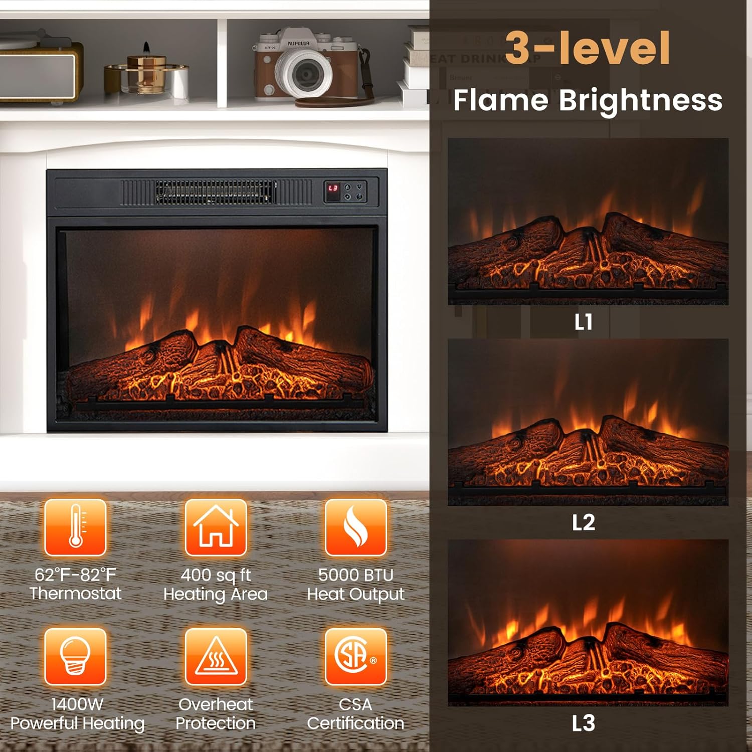 Tangkula Soporte de TV con chimenea para televisores de hasta 65 pulgadas,...