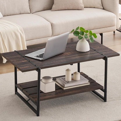 Mesa de centro industrial moderna de 41 pulgadas de madera grande de 2 niveles