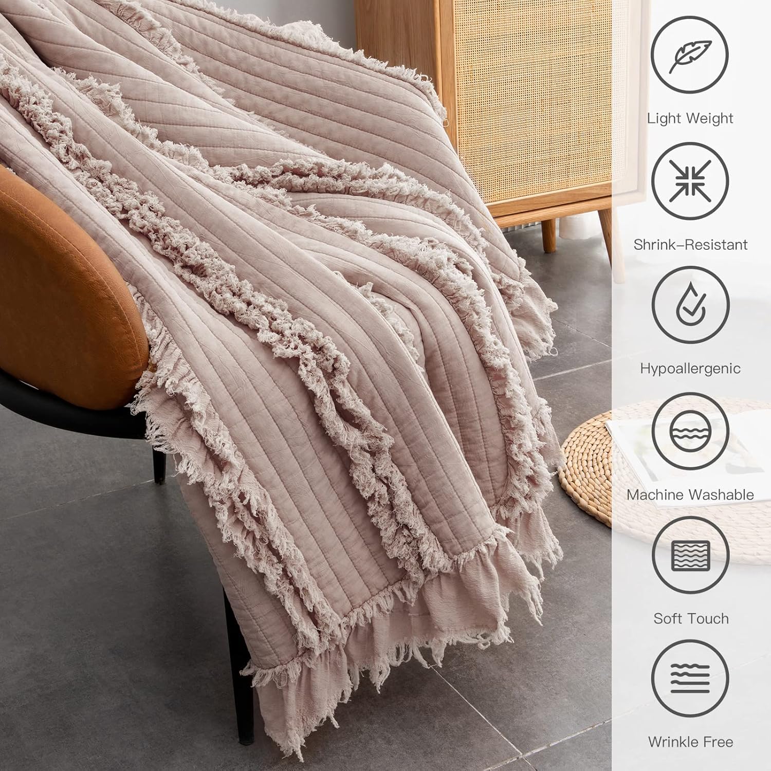 Manta acolchada ultra suave prelavada, manta decorativa rosa polvorienta con...