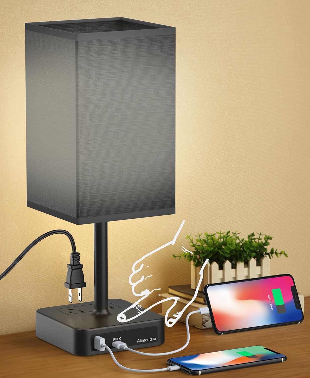Lámpara de Mesa de Noche con Control Táctil y Puertos de Carga USB C+a