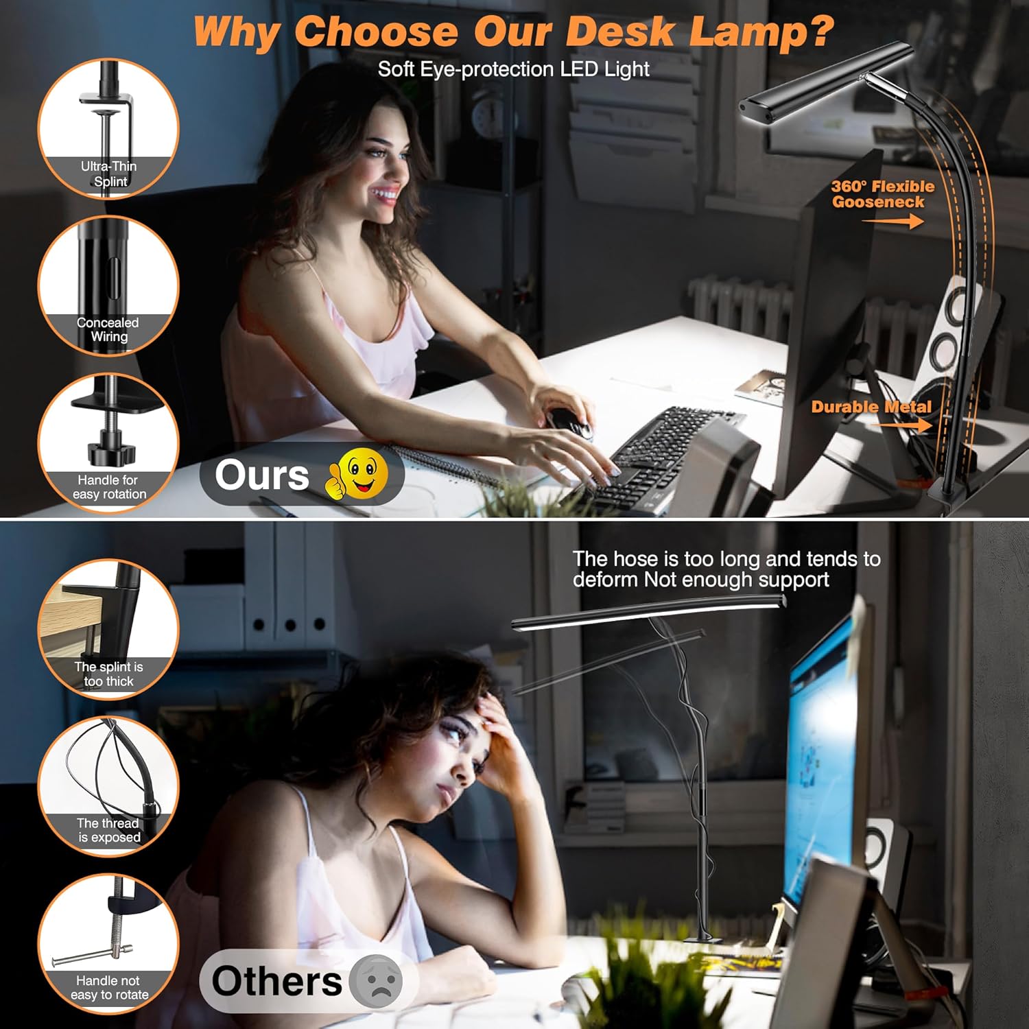 Lámpara De Escritorio LED Para Oficina En Casa, Luz Con Atenuación Continua, Cuello Flexible Ajustable