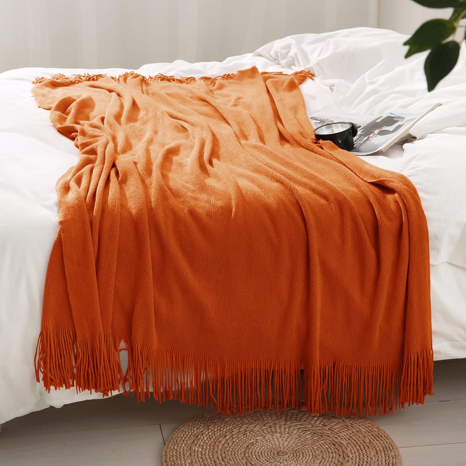 Homiest Manta decorativa de punto con flecos, manta ligera de punto acrílico,...
