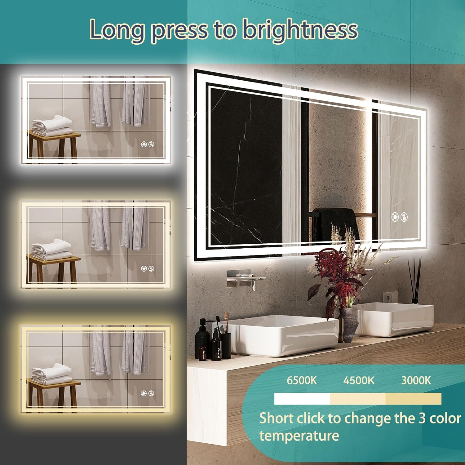 Espejo LED de 40 x 24 pulgadas para baño, espejo de baño sin niebla, con luces,...