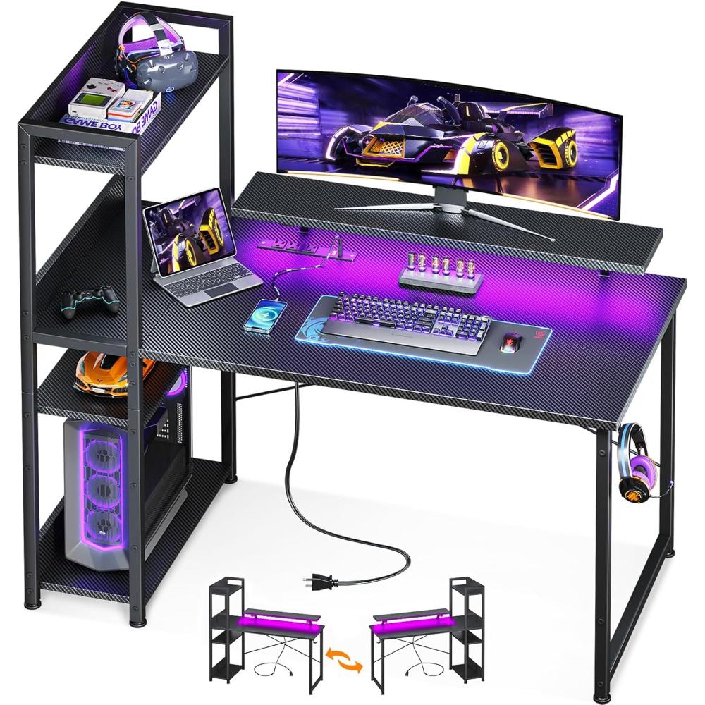 Escritorio Reversible Para Juegos Con Puerto De Carga USB Y Luces LED,ODK,Negro