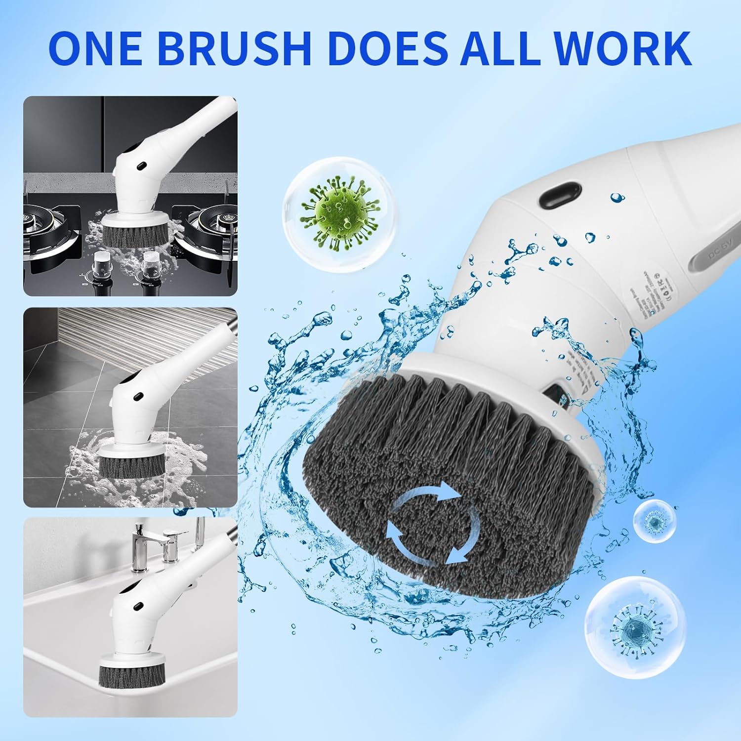 Electric Spin Scrubber Cordless Shower Cleaning Brush with 8 Replaceable Heads