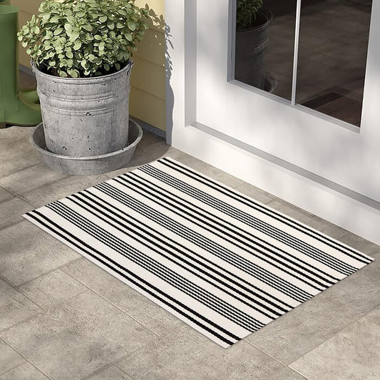Alfombra de exterior a rayas blancas y negras, 2 x 3 pies, de algodón, moderna,
