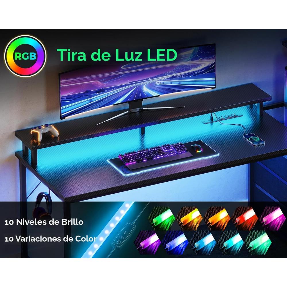 Escritorio Gamer Reversible AODK, Con Luz Led Y Puertos De Carga USB, Con Estantes De Almacenamiento Y Soporte Para Monitor
