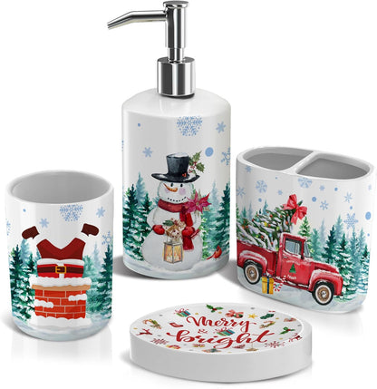 Juego de 4 accesorios de baño de Navidad, decoración de baño de Navidad, vaso