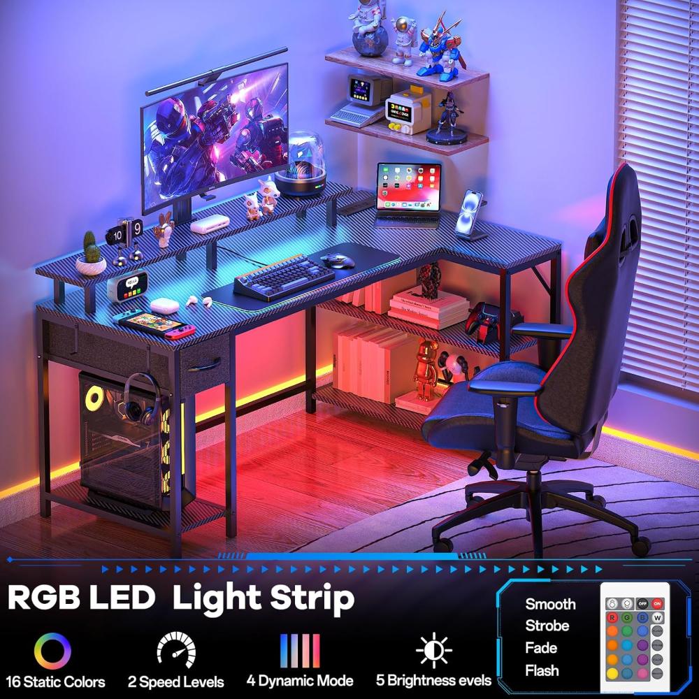 Escritorio Gamer En L Reversible, Con Puertos De Carga Usb Y Luz Led, Con Gancho Y Soporte Para Monitor