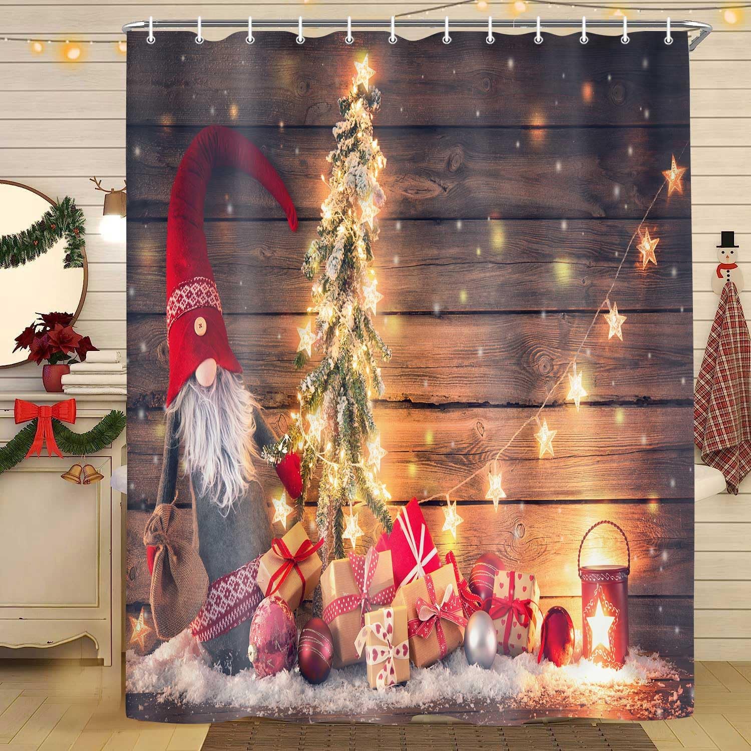 Cortinas de ducha de Navidad, enano de Papá Noel sostiene un abeto con luces de...