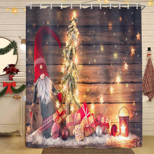 Cortinas de ducha de Navidad, enano de Papá Noel sostiene un abeto con luces de...