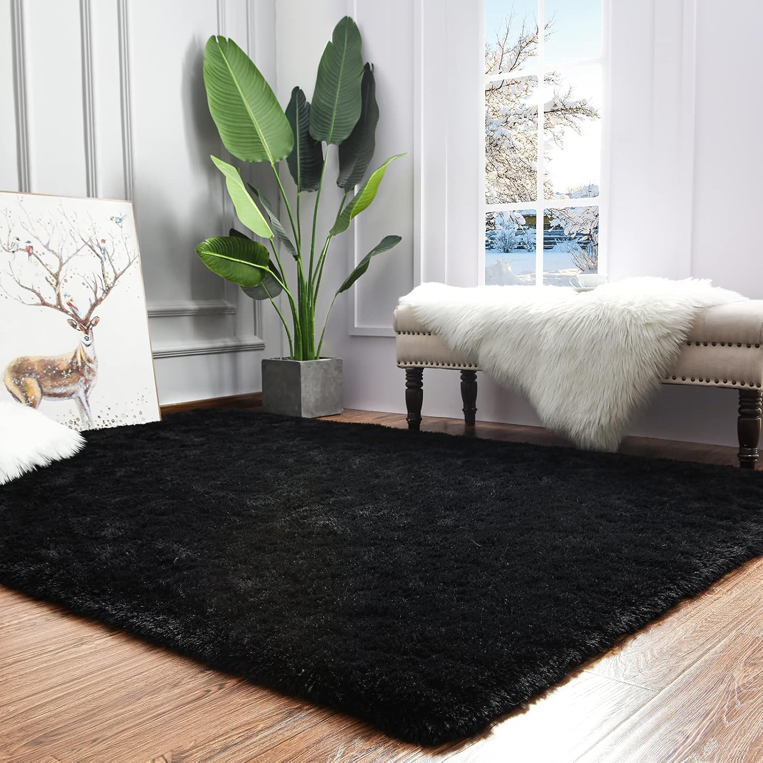 Maxsoft Alfombra mullida de pelo largo para dormitorio, alfombra negra de 6 x 9...