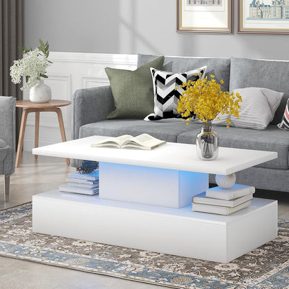 Mesa de centro blanca clara LED de 2 niveles, mesa de cóctel de diseño