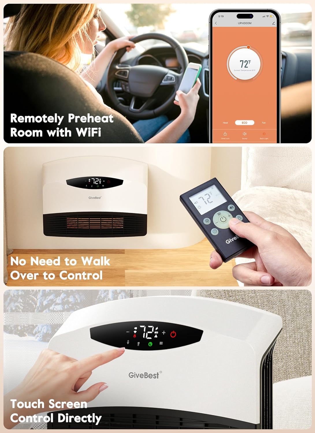 GiveBest Calentador eléctrico de pared con WiFi y control remoto, calentador...