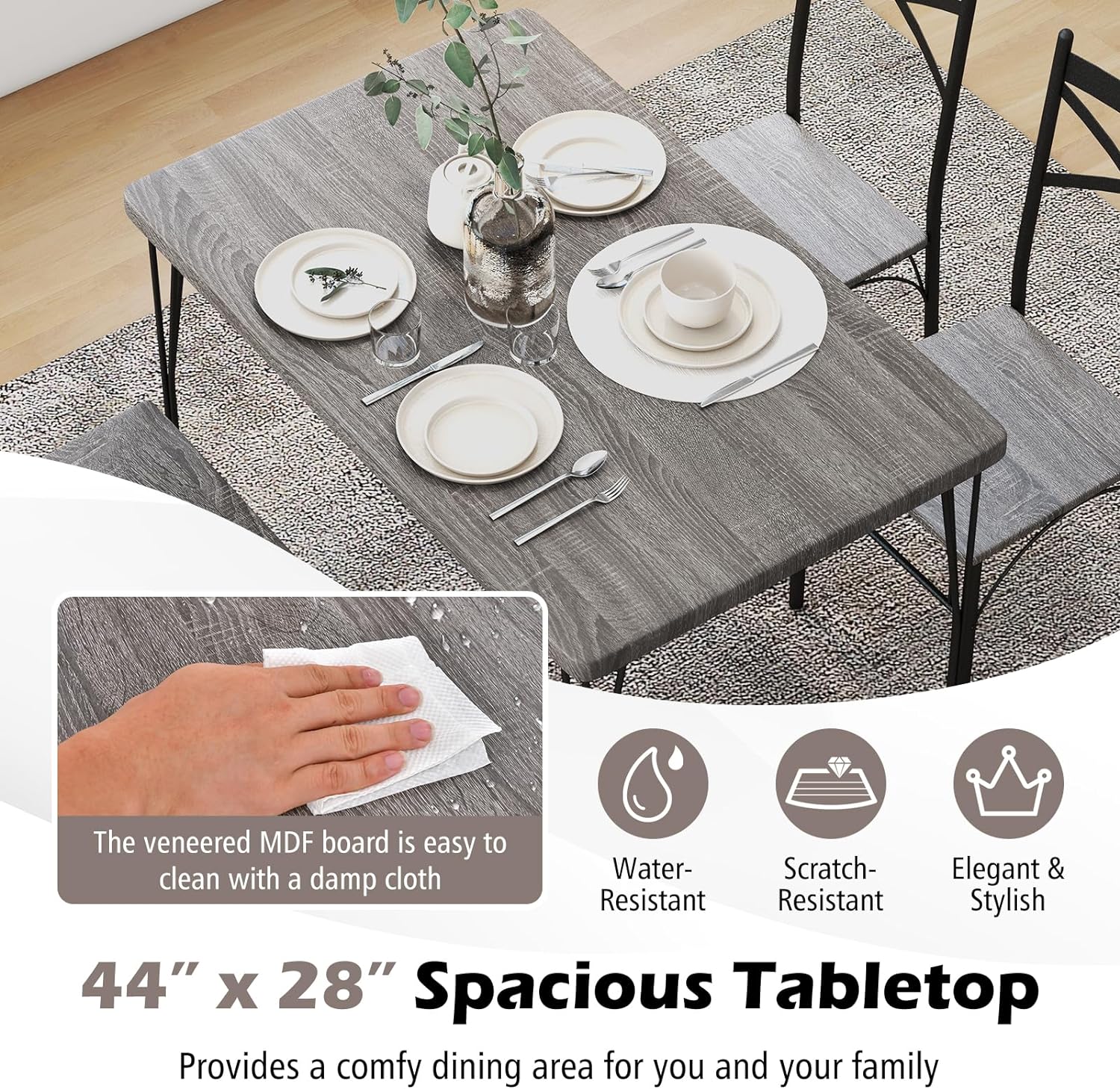 Juego de mesa de comedor de 5 piezas, moderna mesa de comedor rectangular y 4