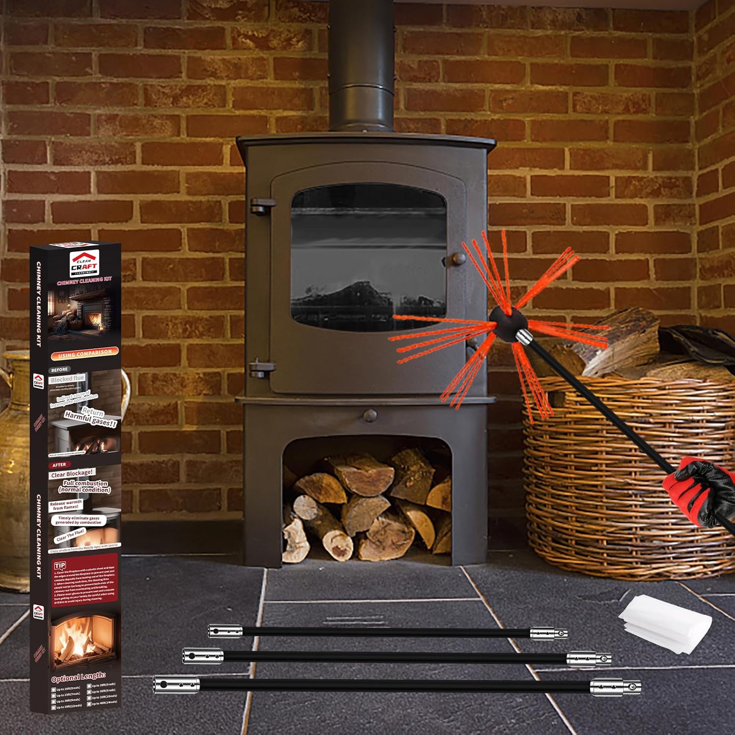 Kit de limpieza de chimenea de 16 pies, kit de limpieza de chimenea con 5...