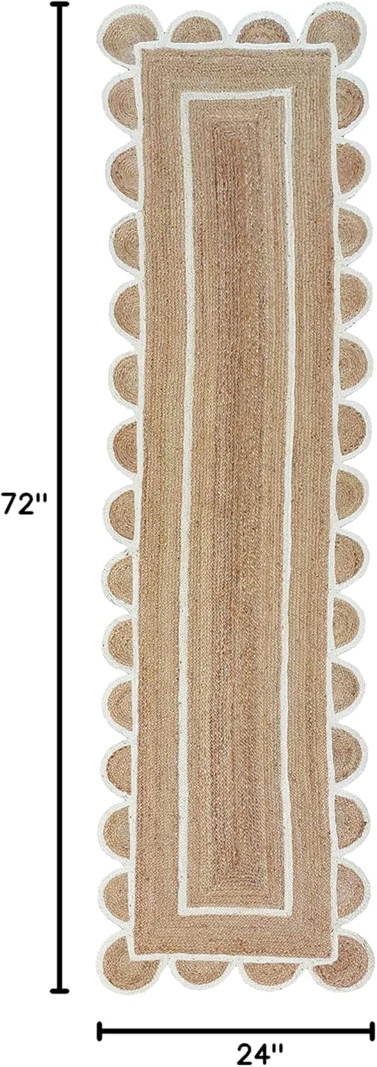 Alfombra festoneada de yute natural, base natural, borde blanco hueso, 2 pies x...