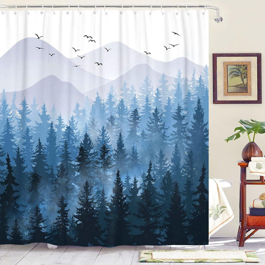 Accnicc Juego de cortinas de ducha de bosque brumoso, color azul marino y...