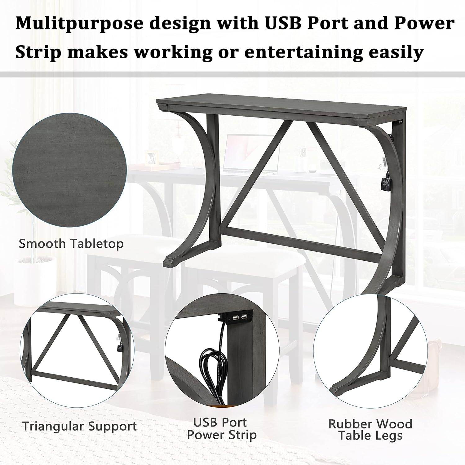 Juego de mesa de comedor de 3 piezas con puertos de carga USB y 2 taburetes