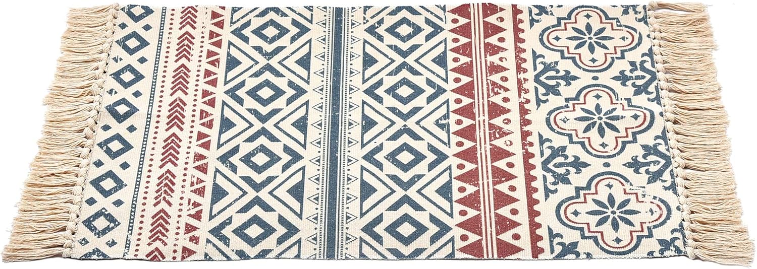 Winwinplus Alfombra de algodón tejida a mano retro bohemia con borlas, alfombra...
