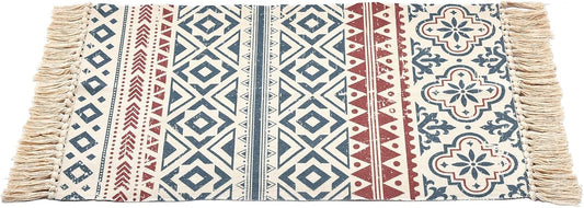 Winwinplus Alfombra de algodón tejida a mano retro bohemia con borlas, alfombra...