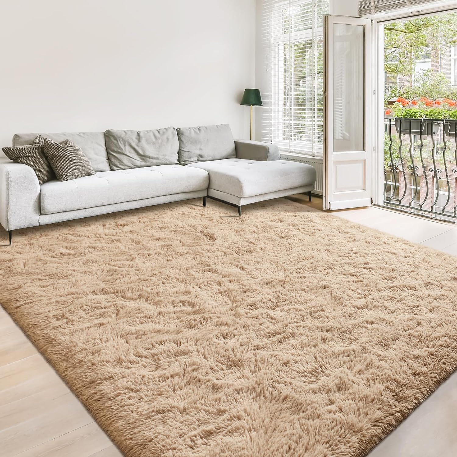 Lascpt Alfombra de pelo largo súper suave para sala de estar, alfombra beige de...