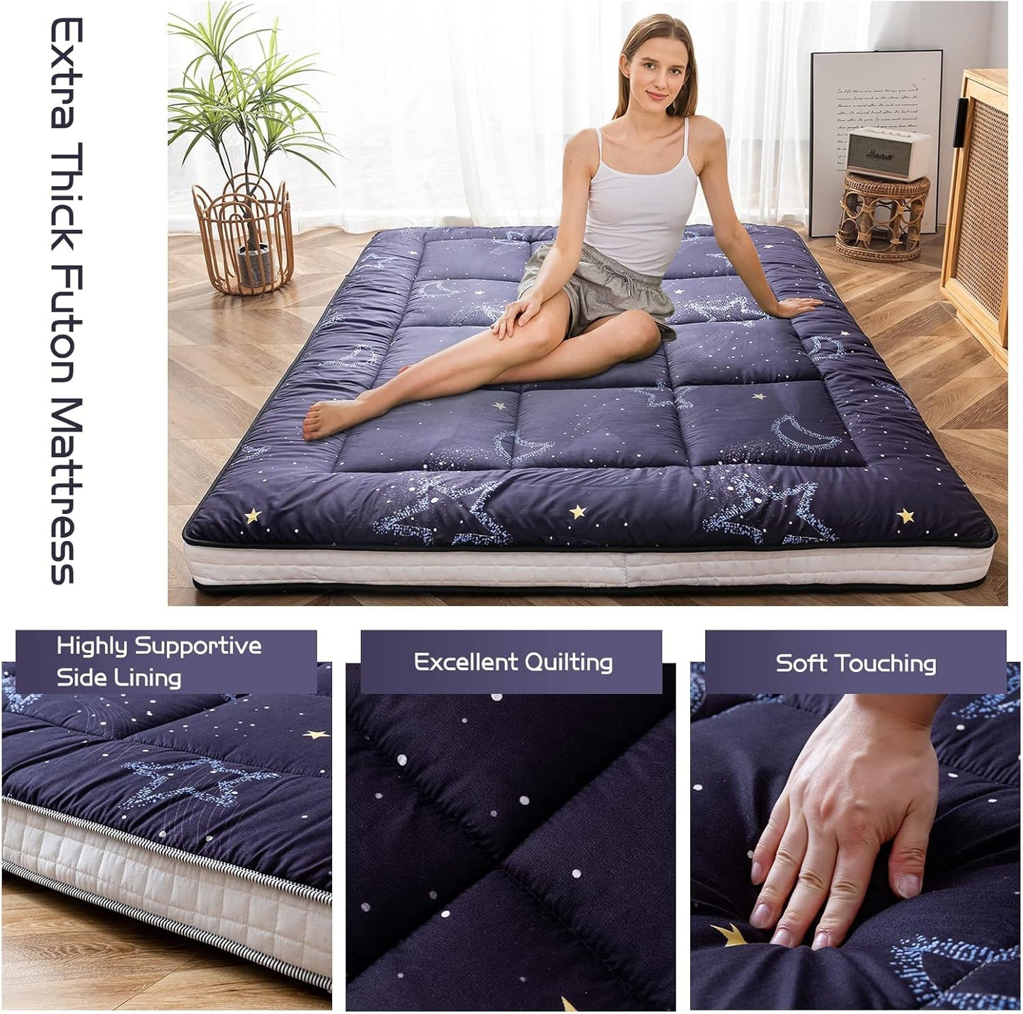 Colchón de futón negro con luna y estrella, colchón acolchado japonés, extra