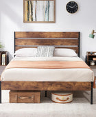 VECELO Base de cama matrimonial con cabecera y estribo de madera rústica...