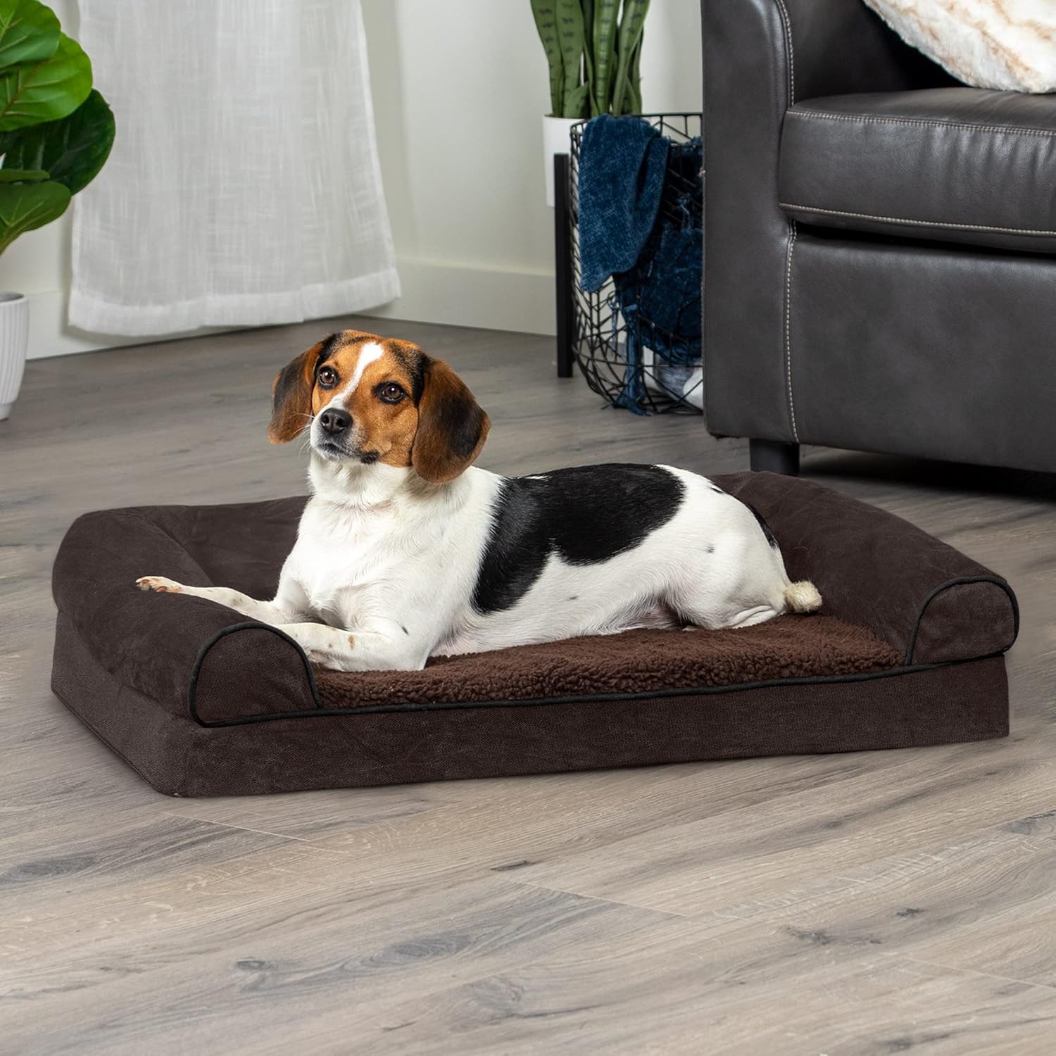 Cama ortopédica de espuma para perros, estilo sofá, de sherpa y chenilla,