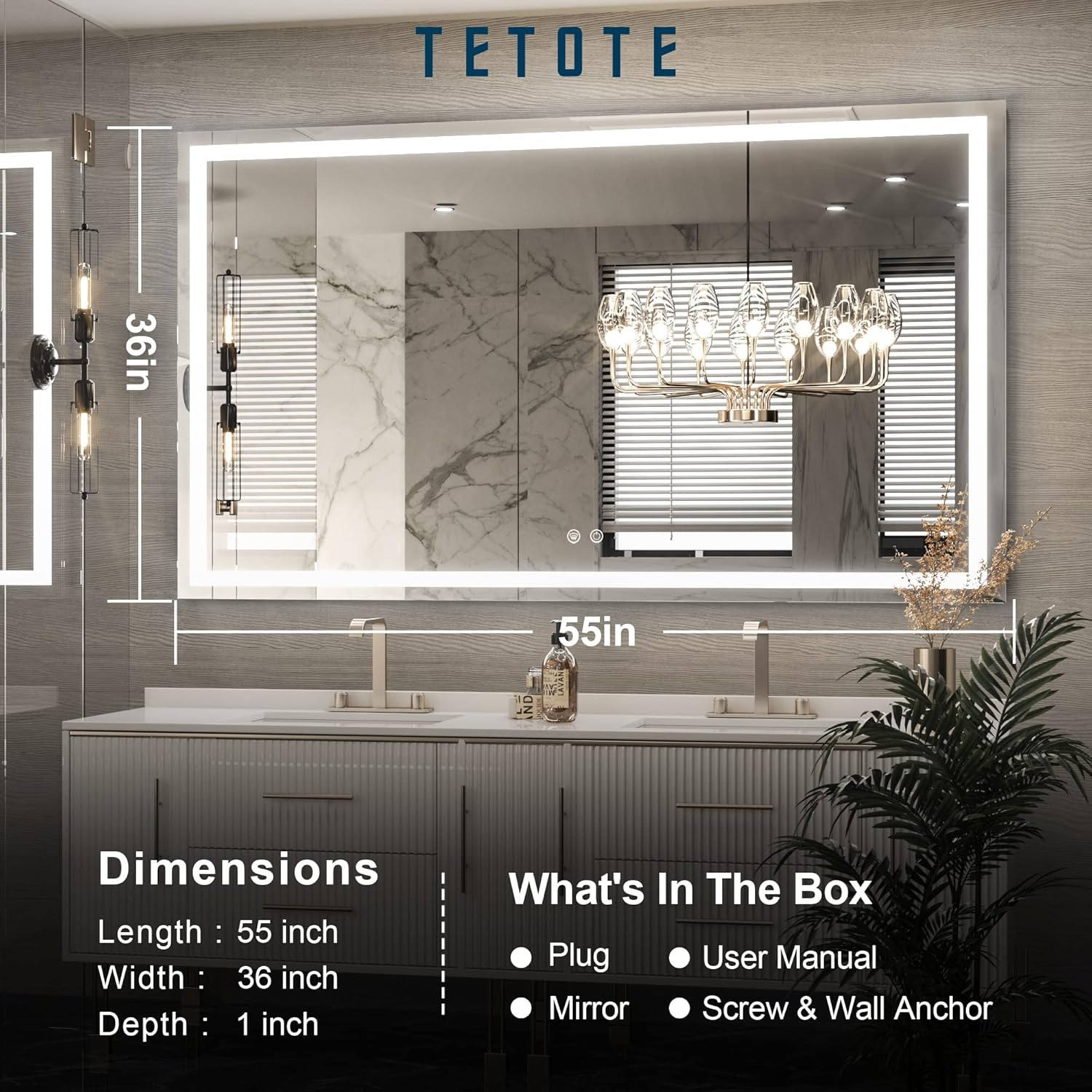 TETOTE Espejo de baño LED de 55 x 36 pulgadas con luces, antiniebla, regulable,...