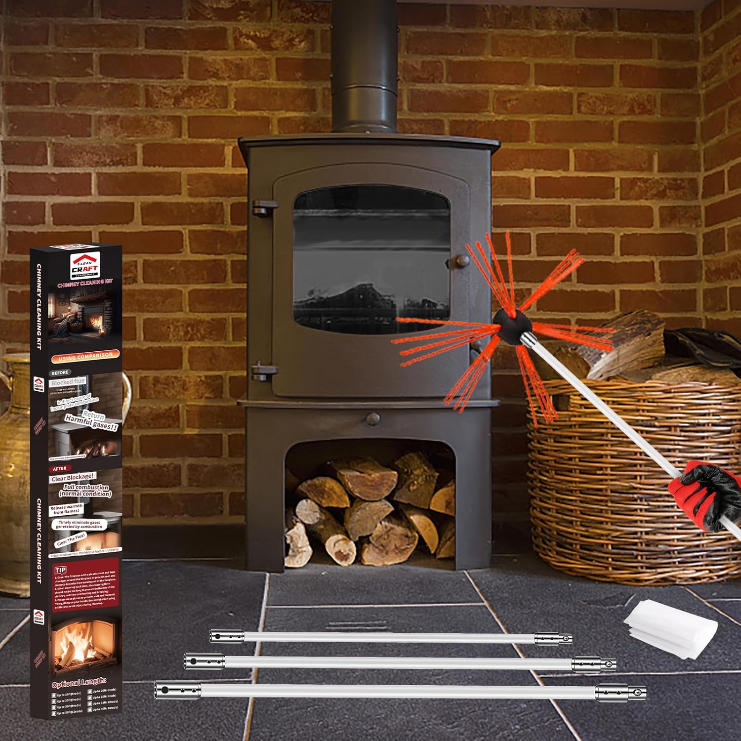 Kit de limpieza de chimenea de 33 pies, kit de limpieza de chimenea con 10...