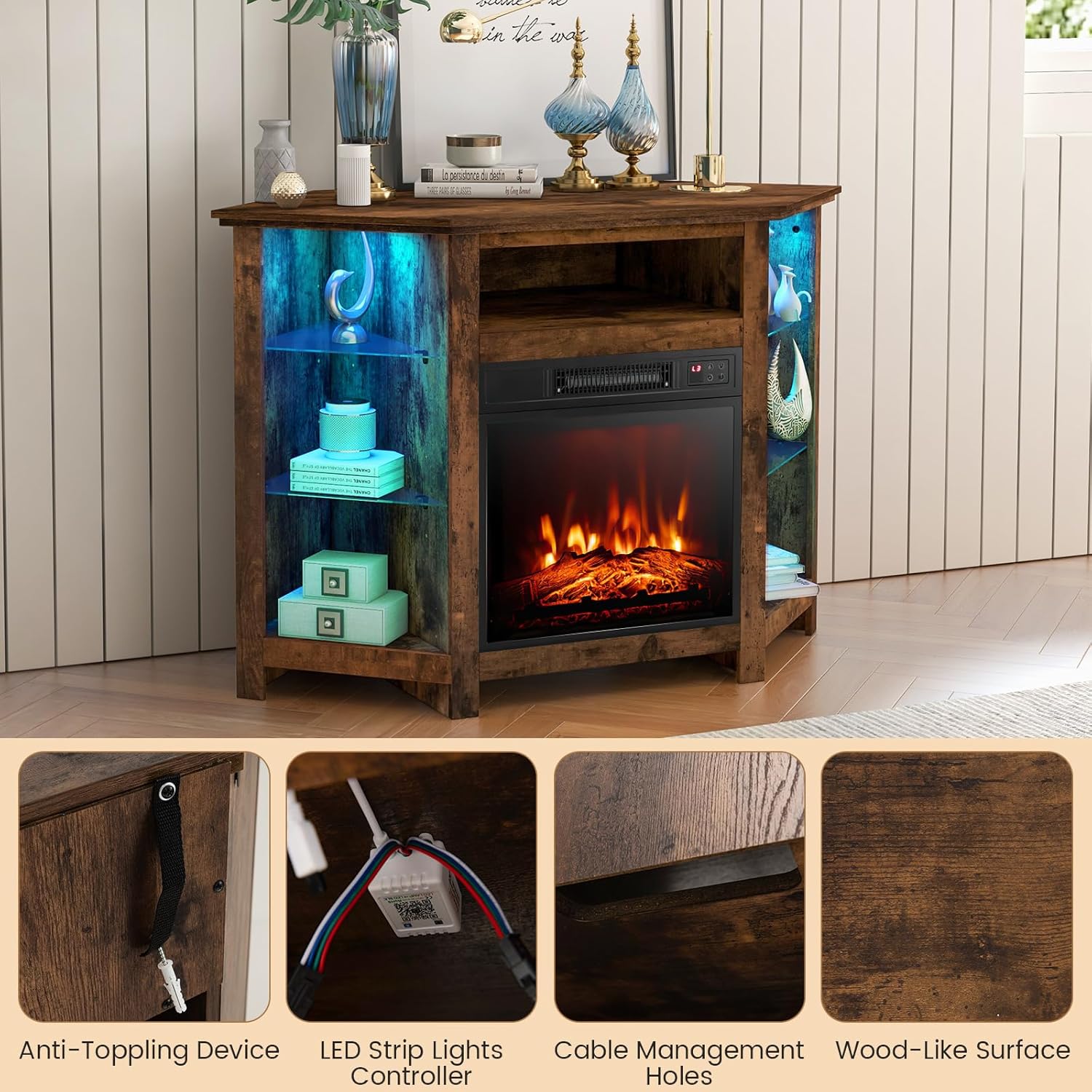 COSTWAY Soporte de TV de esquina con chimenea eléctrica para televisores de...