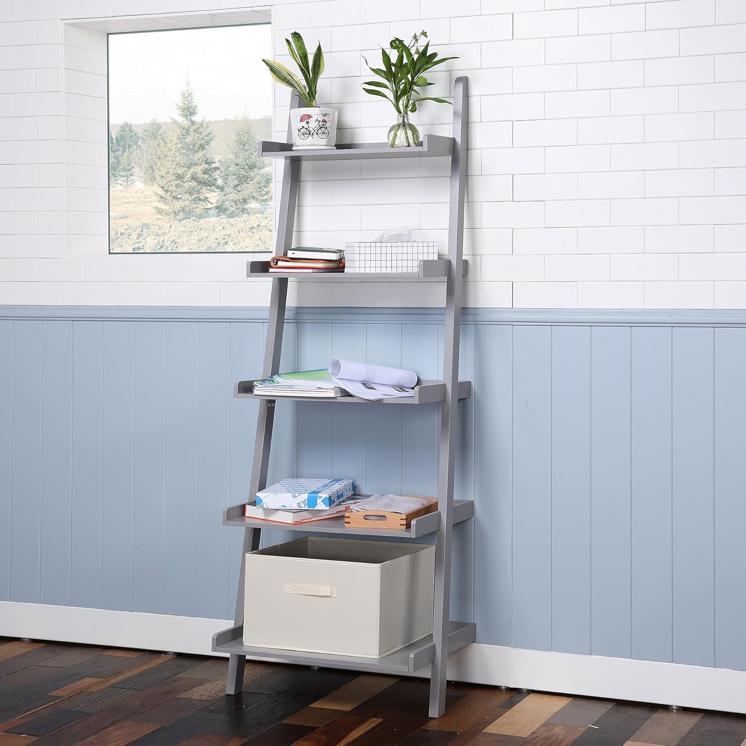 Estante de libros con escalera inclinada de 5 niveles, estante de...