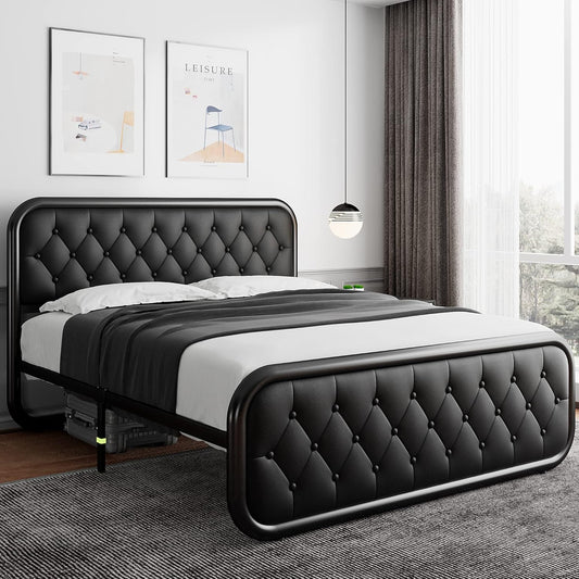 iPormis Base de cama de metal de tamaño matrimonial con cabecera de cuero,...