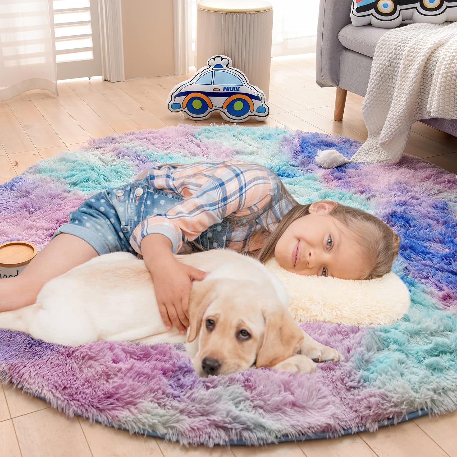 Alfombra redonda azul y morado para dormitorio, alfombra circular esponjosa de
