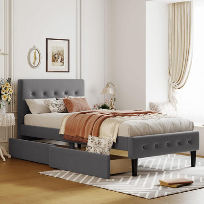 Cama de plataforma tapizada de tamaño individual con cajones de almacenamiento,