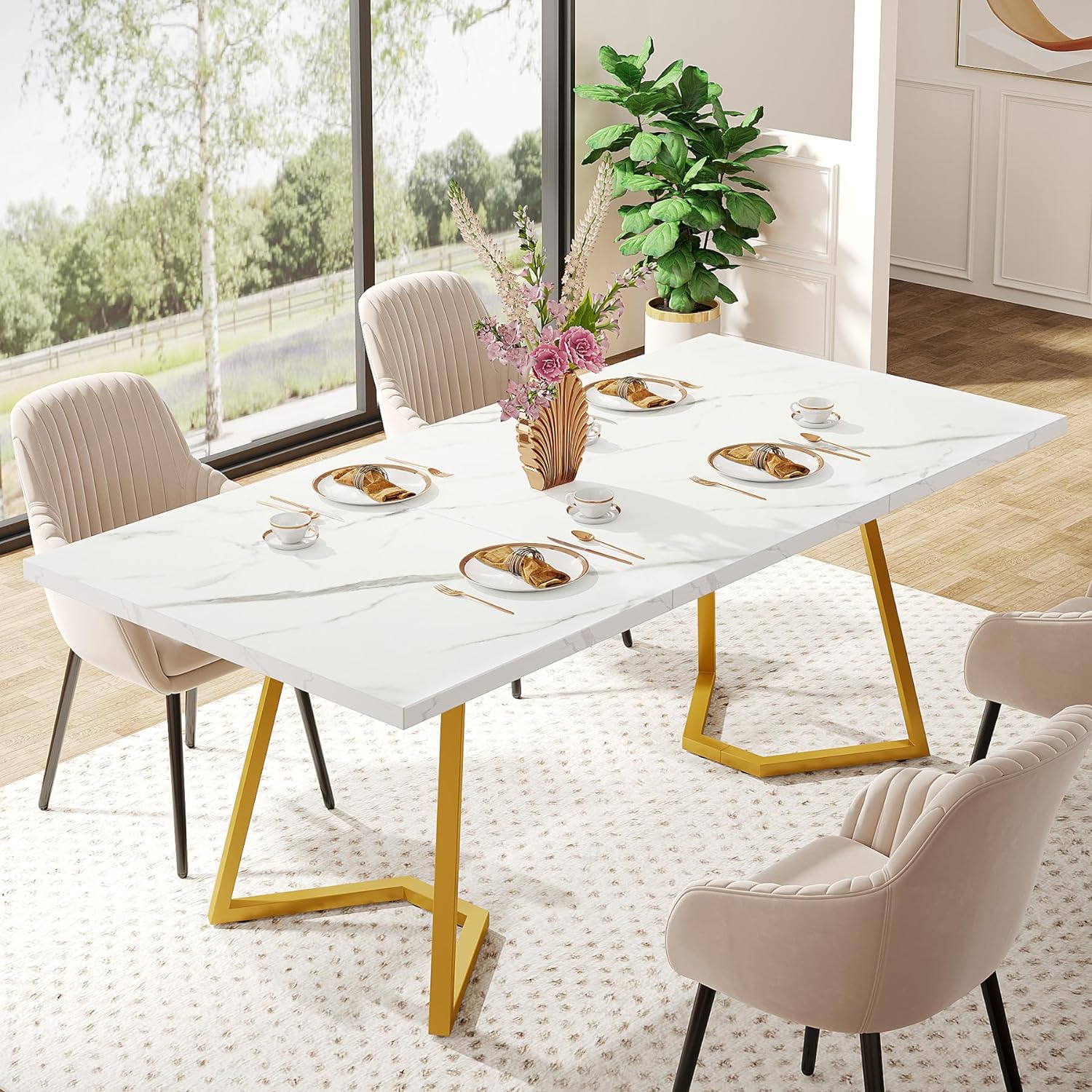 Mesa de comedor dorada mesa de comedor blanca moderna de 55 pulgadas con patas