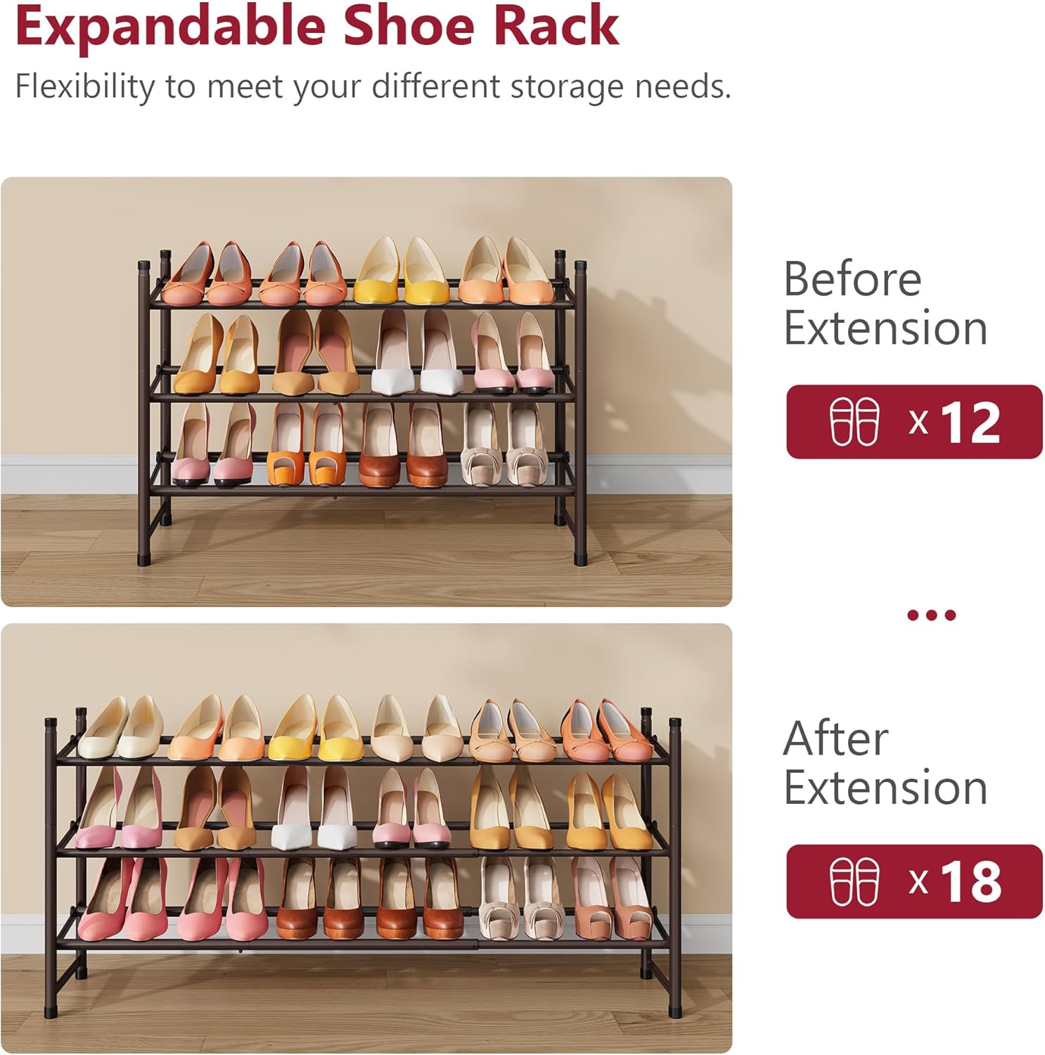 Tajsoon 3 Tier Expandable Shoe Rack for Closet, 28-41Adjustable & Stackable...