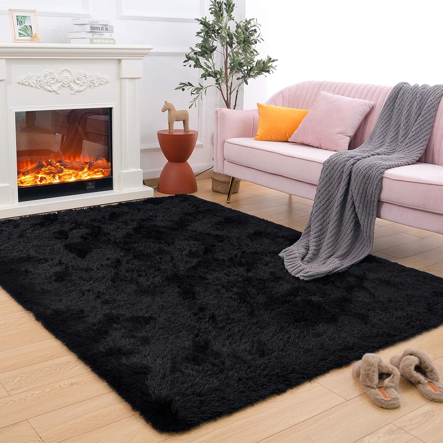 Maxsoft Alfombra mullida de pelo largo para dormitorio, alfombra negra de 6 x 9...