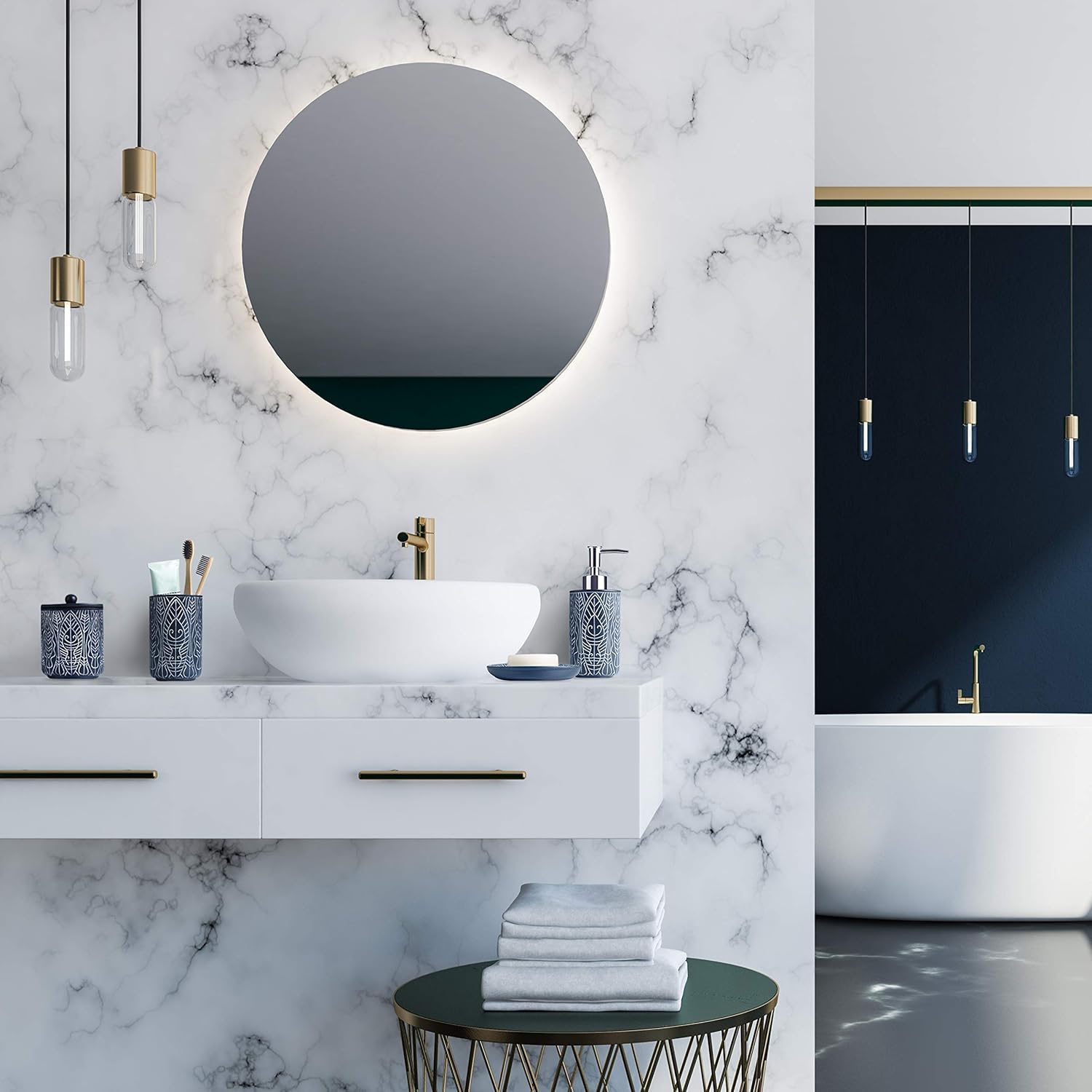 Juego de accesorios de baño azul marino de alta calidad. Decoración de baño...