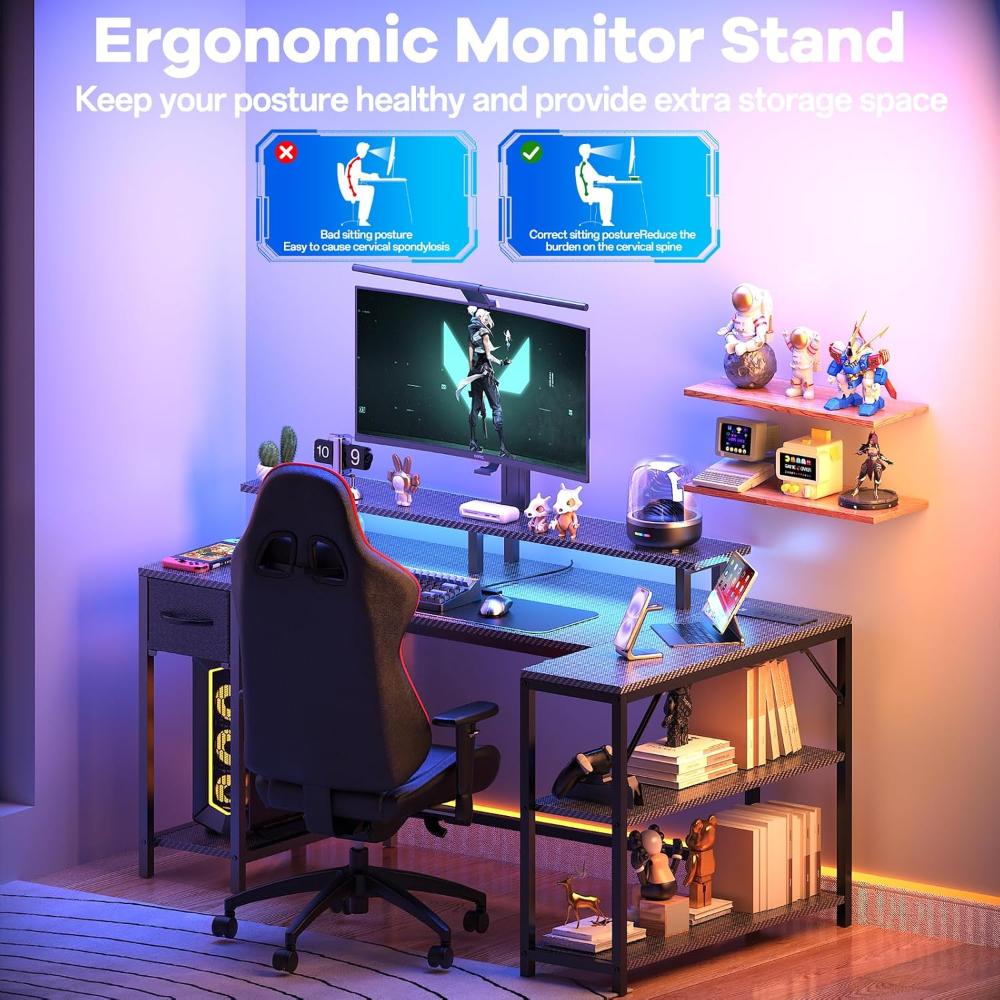 Escritorio Gamer En L Reversible, Con Puertos De Carga Usb Y Luz Led, Con Gancho Y Soporte Para Monitor
