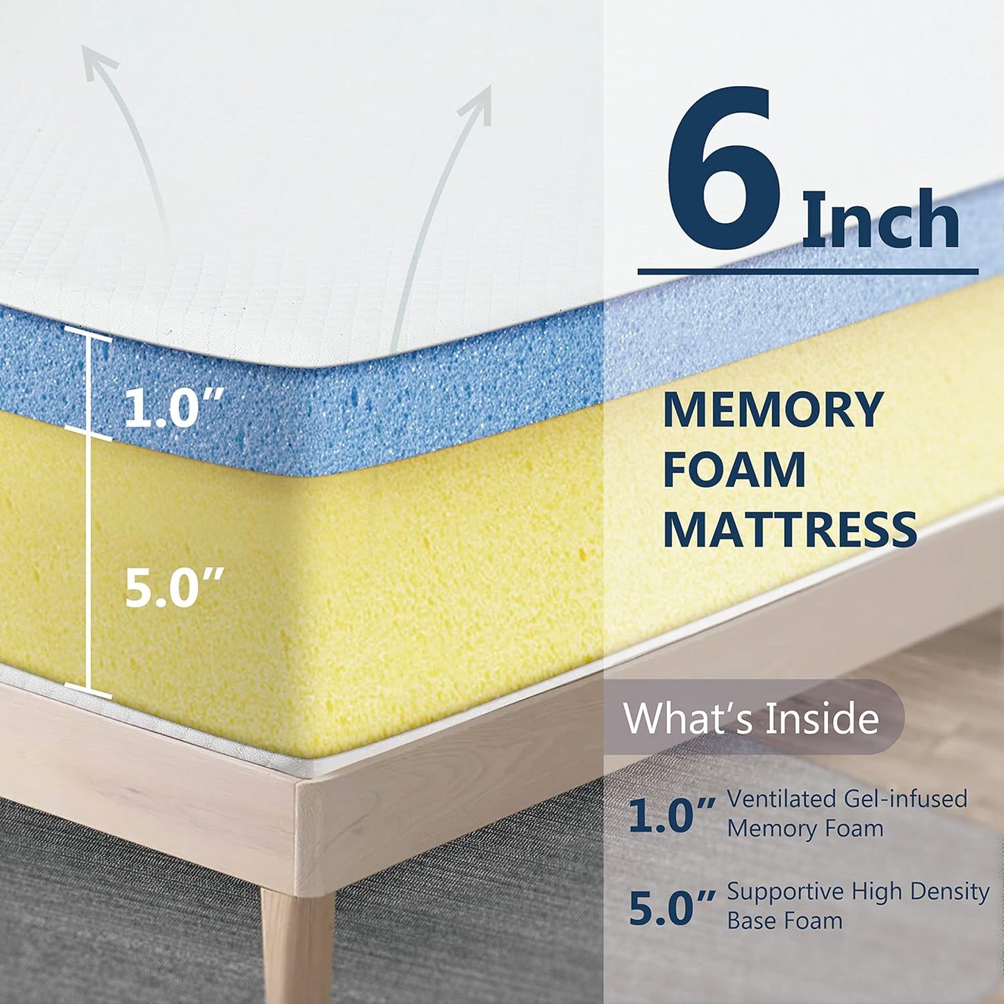 HOMES Zinne Colchón individual de espuma viscoelástica de gel de 6 pulgadas