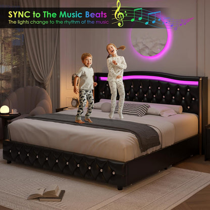 Base de cama con plataforma LED inteligente con 4 cajones de almacenamiento,