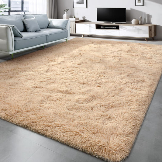 Lascpt Alfombra de pelo largo súper suave para sala de estar, alfombra beige de...